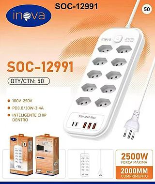 EXTENSÃO INTELIGENTE ( 10-TOMADAS, 3-USB, 2-USB-C ), ( 2M ). ( INOVA )