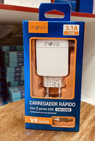 CARREGADOR ( 3.1A ) PARA ANDROID ( V8 ) COM CABO PRESO NA FONTE. ( INOVA )