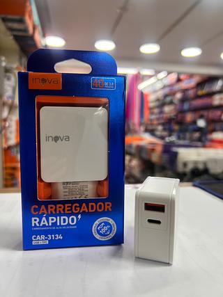FONTE TURBO ( 40W ) DE CARREGADOR, COM ENTRADAS ( USB | USB-C ). ( INOVA )