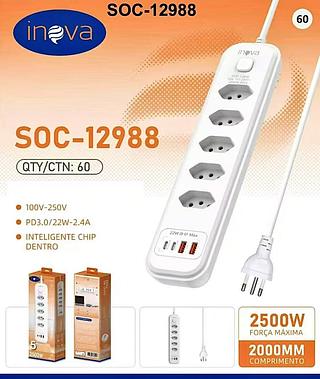 EXTENSÃO INTELIGENTE ( 5-TOMADAS, 2-USB, 2-USB-C ), ( 2M ). ( INOVA )
