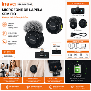 Microfone de Lapela Sem Fio Inova para iPhone Lightning com Redução de Ruído e Longa Duração
