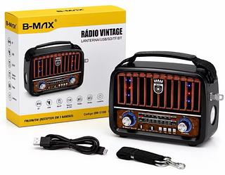 Rádio Vintage Bluetooth FM/AM/SW com USB, SD/TF, lanterna LED, bateria recarregável (B-MAX)