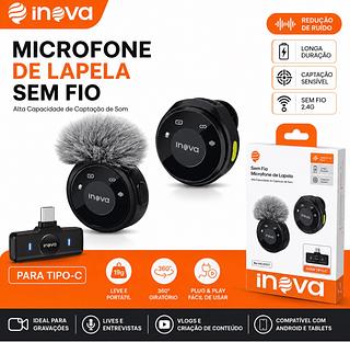 Microfone de Lapela Sem Fio Inova para Celular Android Tipo-C com Redução de Ruído e Longa Duraçãobu
