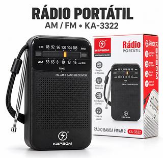 Rádio Portátil AM/FM Kapbom KA-3322 com Antena Telescópica e Entrada para Fone de Ouvido a Pilhas AA