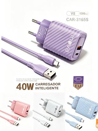 CARREGADOR COLORIDO TURBO ( 40W ) PARA ANDROID ( V8 ) 2USB/USB-C.