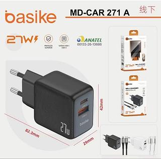 Carregador de Tomada Basike 27W Dual USB-C +USB-A com Cabo Compatível iPhone Android