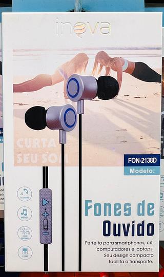 FONE DE OUVIDO COM FIO, E COM BORRACHA. ( INOVA )