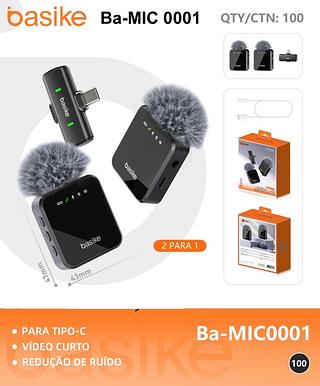 Microfone Duplo Sem Fio Profissional Basike Lapela Para iPhone e Android Tipo-C (Basike)