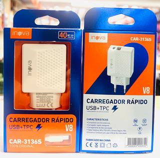 CARREGADOR TURBO, ( 40W ), PARA ANDROID ( V8 ), COM ( USB ) E ( USB-C ). ( INOVA )