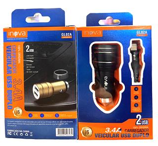 CARREGADOR VEICULAR ( 3.4A-2USB ), PARA IPHONE ( I6 ). ( INOVA )
