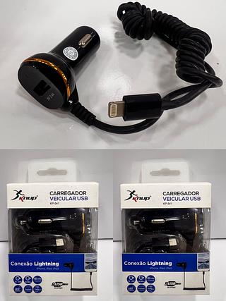Carregador Veicular Para Iphone 2.4A+1Portas USB Cabo De 1 Metro (KUNP)