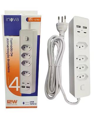 EXTENSÃO DE TOMADA COM USB ( 12W ), USB-C ( 8-ENTRADAS ), ( 2M ). ( INOVA )