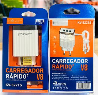 CARREGADOR ( 5.1A ) PARA ANDROID ( V8 ), CABO PRESO NA FONTE. ( INOVA )