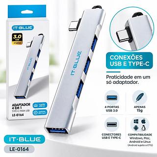 Adaptador Hub USB C 4 Portas 3.0 Veloz Compacto Notebook PC (IT-BLUE)