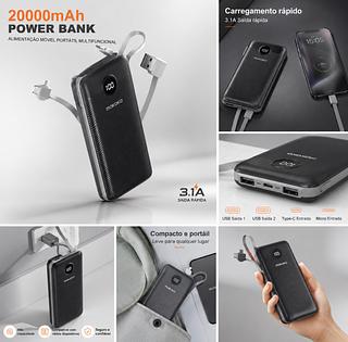 Power Bank 20000mAh 3.1A com Cabos Integrados e Display Digital LED