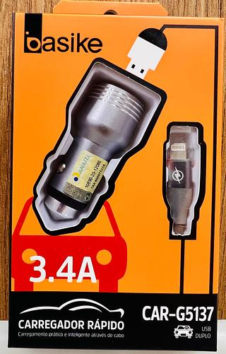 CARREGADOR VEICULAR ( 3.4A ), PARA IPHONE ( IP ). ( BASIKE )