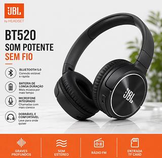 Headphone Bluetooth BT520 Sem Fio Dobrável com Microfone Rádio FM Entrada TF Som Estéreo