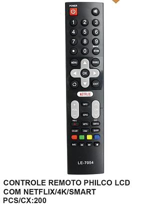 CONTROLE REMOTO PARA TV ( PHILCO ) LCD, SMART 4K. ( LELONG )