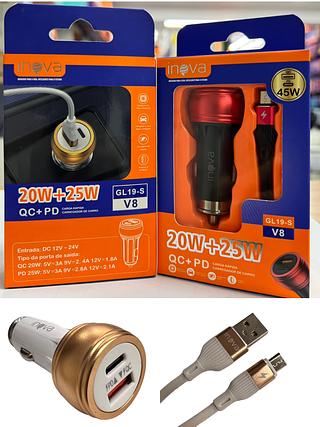 CARREGADOR TURBO ( 20W + 25W ) DE CARRO, PARA ANDROID ( V8 ), ( USB ) E ( USB-C ).