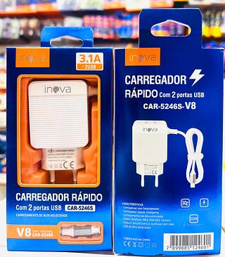 CARREGADOR ( 3.1A ) PARA ANDROID ( V8 ) COM CABO PRESO NA FONTE. ( INOVA )