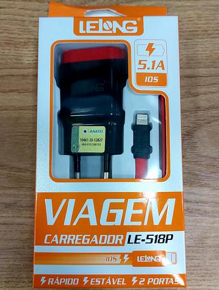 CARREGADOR ( 5.1A ) PARA IPHONE ( I6 ), CABO PRESO NA FONTE. ( LELONG )