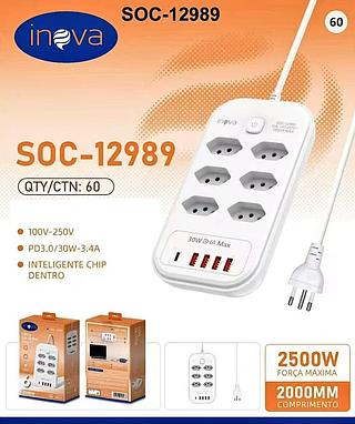 EXTENSÃO INTELIGENTE ( 6-TOMADAS, 4-USB, 1-USB-C ), ( 2M ). ( INOVA )