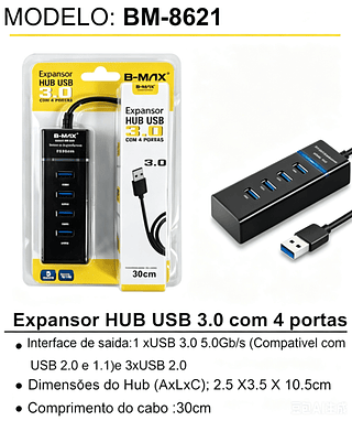 Extensor USB 3.0 4Portas – Hub de Alta Velocidade 5Gbps para Notebook e Computador ((B-MAX)