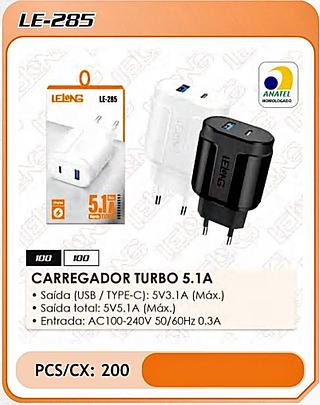FONTE DE CARREGADOR TURBO ( 5.1A ), USB-C, E USB . ( LELONG )