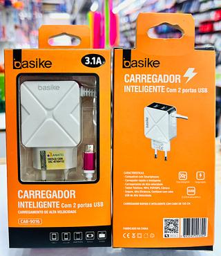 CARREGADOR ( 3.1A ) PARA ANDROID ( V8 ), COM CABO PRESO NA FONTE. ( BASIKE )